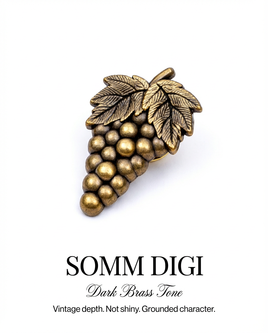 Antique gold sommelier pin detail showing matte finish and grape design